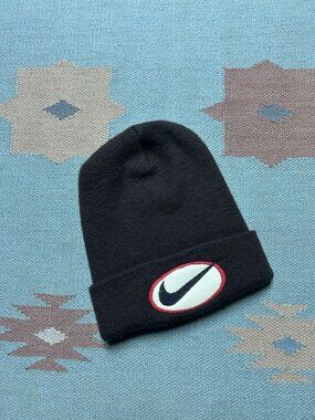 Vintage acrylic knit beanie winter hat Nike swoosh check big logo mocha brown
